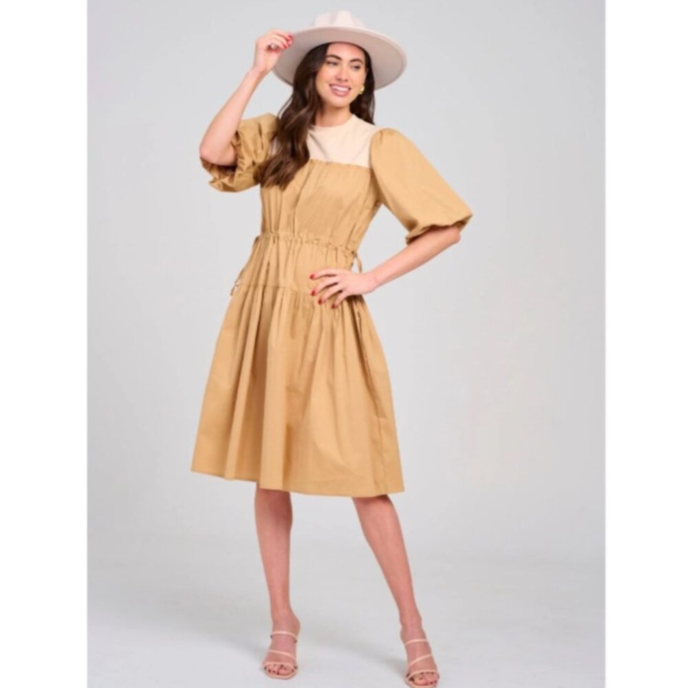 Short Puff Sleeve Adjustable Waist ColorBlockMidi Dress - Picture 2 of 4